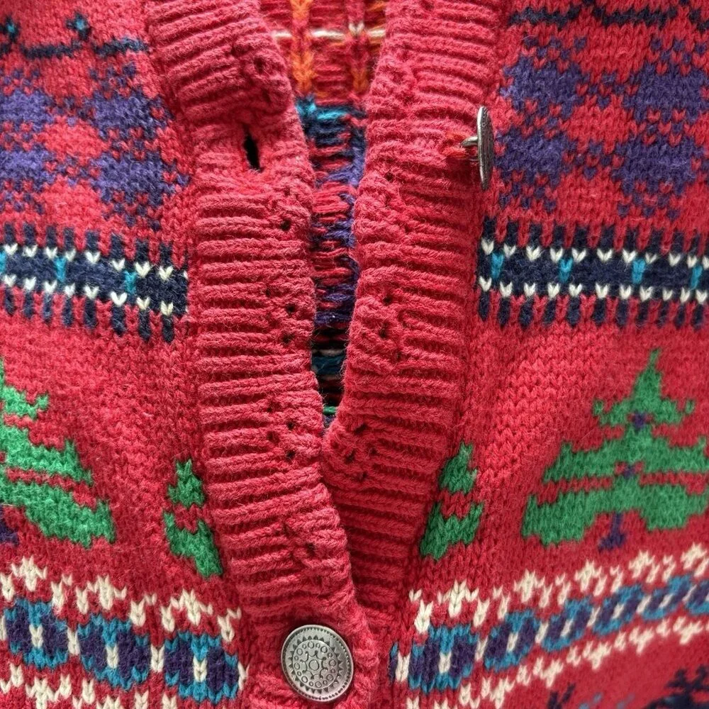 Vintage GAP Kids Fair Isle Cardigan Red Sweater XS Moose Tree Scandi 100% Cotton